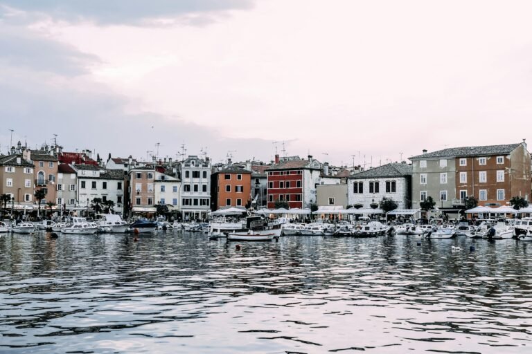 Idyllic waterfront cityscape with boats docked on a serene day.
